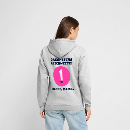 Organische Reichweite: 1 Like. Danke, Mama. Motiv-Hoodie unisex, Farbe Hellgrau meliert, Model