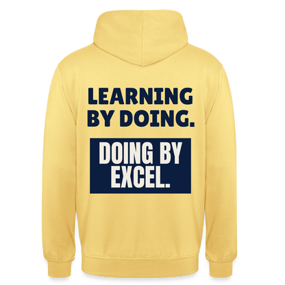 "Learning by doing. Doing by Excel." Motiv-Hoodie unisex, Farbe Zitronengelb