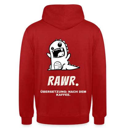 "Rawr. Übersetzung: nach dem Kaffee." Motiv-Hoodie unisex, Farbe Rot