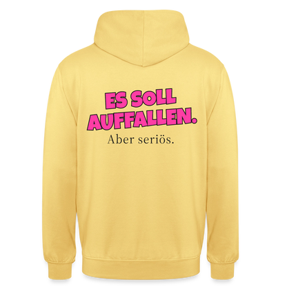 Es soll auffallen. Aber seriös. Motiv-Hoodie unisex, Farbe Zitronengelb