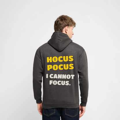 "Hocus Pocus, I cannot focus." Motiv-Hoodie unisex, Farbe Anthrazit, Model