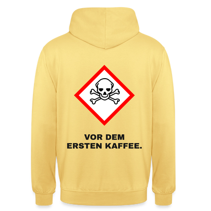 "Vor dem ersten Kaffee. Gefahrzeichen" Motiv-Hoodie unisex, Farbe Zitronengelb