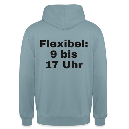 "Flexibel: 9 bis 17 Uhr" Motiv-Hoodie unisex, Farbe Nebelblau