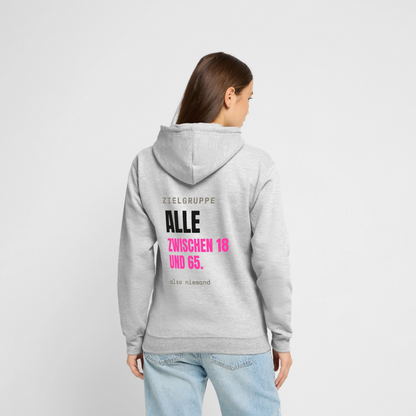 Zielgruppe: alle zwischen 18 und 65. Also niemand. Motiv-Hoodie unisex, Farbe Hellgrau meliert, Model