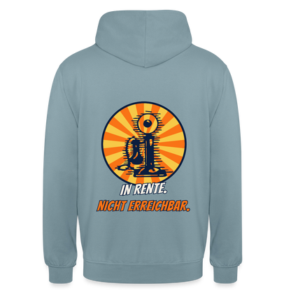 "In Rente. Nicht erreichbar. Comic-Motiv" Motiv-Hoodie unisex, Farbe Nebelblau
