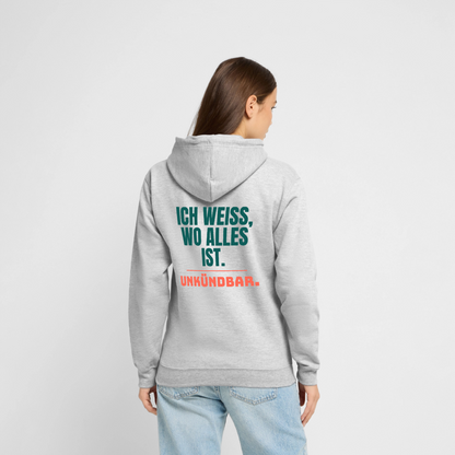 Ich weiß, wo alles ist. Unkündbar. Motiv-Hoodie unisex, Farbe Hellgrau meliert, Model