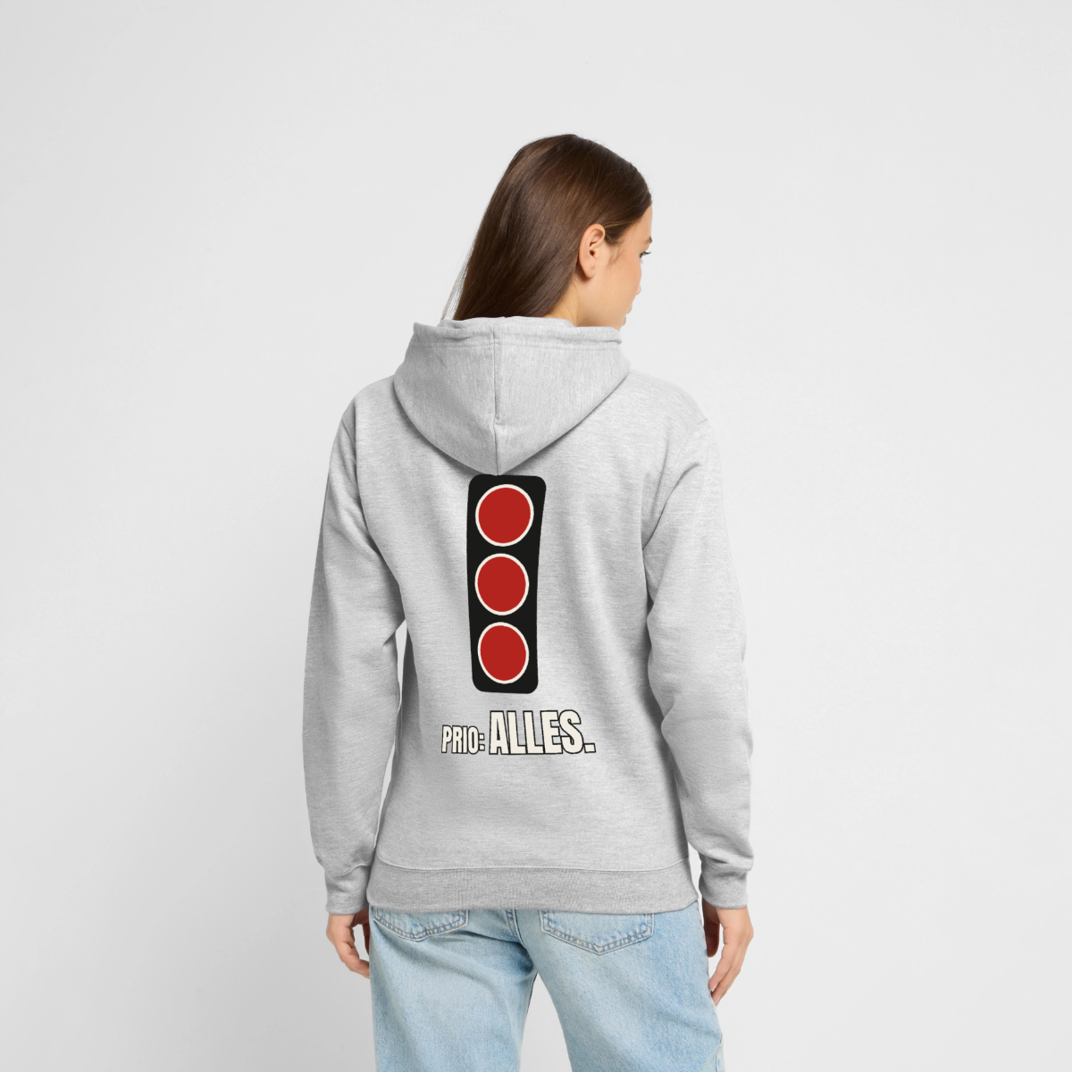 "Prio: alles." Motiv-Hoodie unisex, Farbe Hellgrau meliert, Model