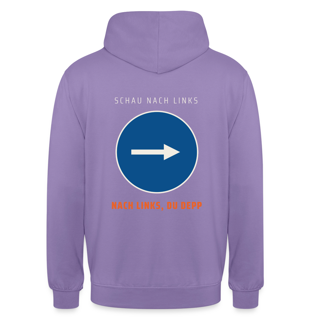 Nach links, du Depp. Piktogramm-Motiv Motiv-Hoodie unisex, Farbe Lavendel