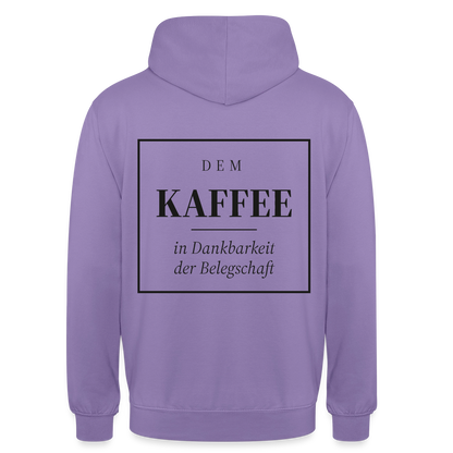 "Dem Kaffee in Dankbarkeit der Belegschaft" Motiv-Hoodie unisex, Farbe Lavendel