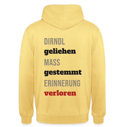 "Dirndl geliehen, Maß gestemmt, Erinnerung verloren" Motiv-Hoodie unisex, Farbe Zitronengelb