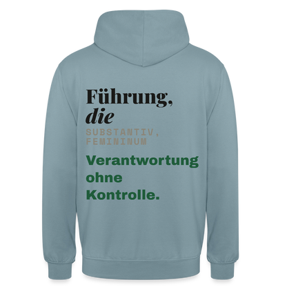"Führung, die: Verantwortung ohne Kontrolle." Motiv-Hoodie unisex, Farbe Nebelblau