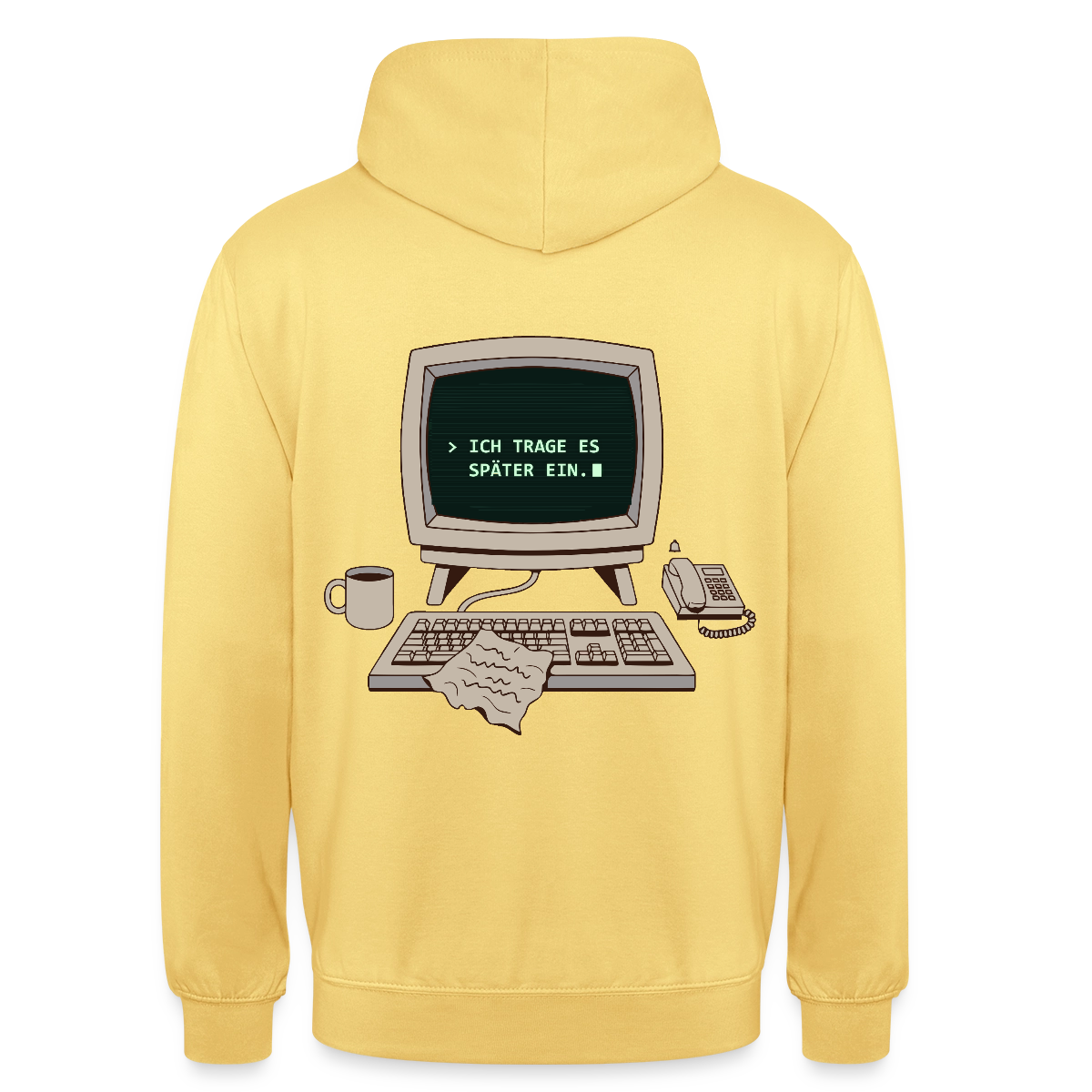 Ich trage es später ein. Motiv-Hoodie unisex, Farbe Zitronengelb