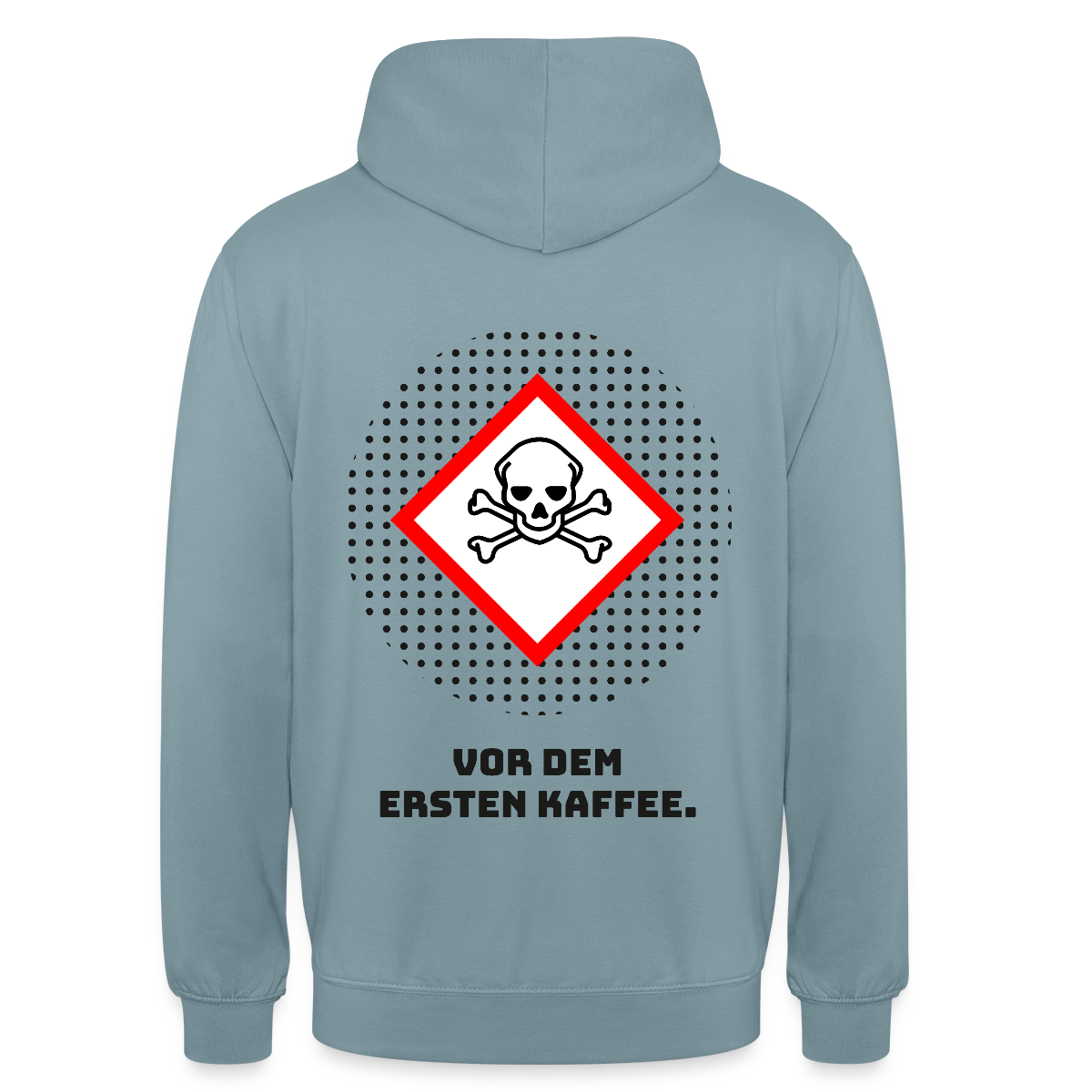 "Vor dem ersten Kaffee. Gefahrzeichen-Motiv" Motiv-Hoodie unisex, Farbe Nebelblau