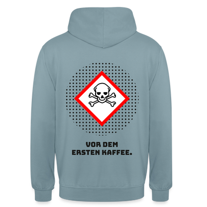 "Vor dem ersten Kaffee. Gefahrzeichen-Motiv" Motiv-Hoodie unisex, Farbe Nebelblau