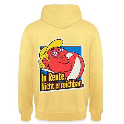"In Rente. Nicht erreichbar. Popart-Motiv" Motiv-Hoodie unisex, Farbe Zitronengelb