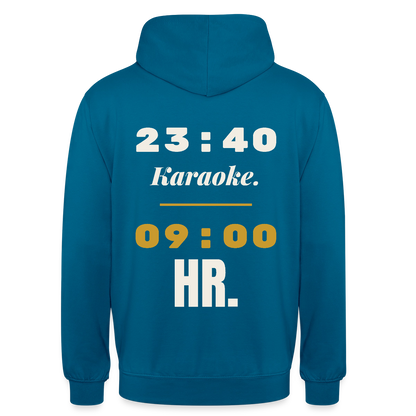 "23:40 Karaoke. 09:00 HR." Motiv-Hoodie unisex, Farbe Tiefseeblau