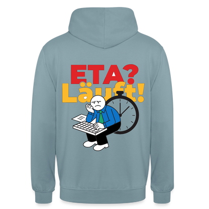 "ETA? Läuft! Strichfiguren-Motiv" Motiv-Hoodie unisex, Farbe Nebelblau