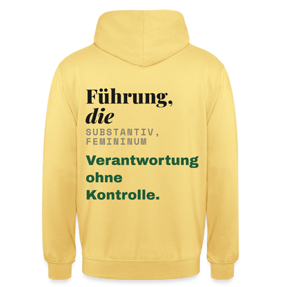 "Führung, die: Verantwortung ohne Kontrolle." Motiv-Hoodie unisex, Farbe Zitronengelb