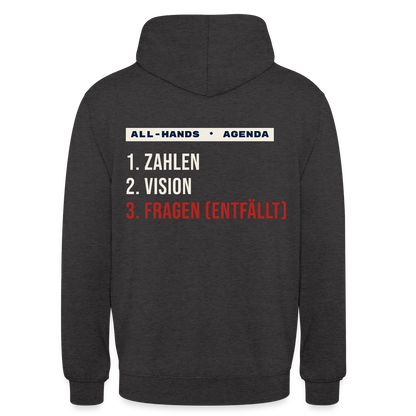 All-Hands-Agenda: 1 Zahlen, 2 Vision, 3 Fragen (entfällt) Motiv-Hoodie unisex, Farbe Anthrazit