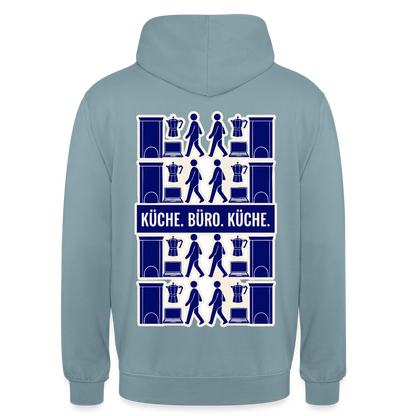 Küche. Büro. Küche. Motiv-Hoodie unisex, Farbe Nebelblau