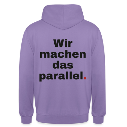 "Wir machen das parallel" Motiv-Hoodie unisex, Farbe Lavendel