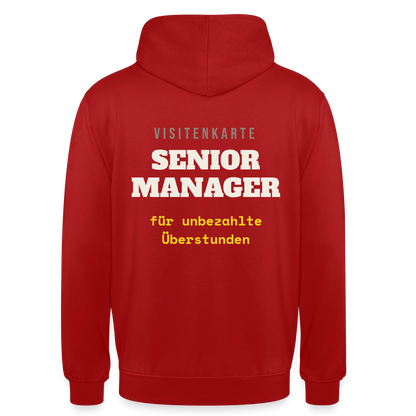 "Senior Manager für unbezahlte Überstunden" Motiv-Hoodie unisex, Farbe Rot
