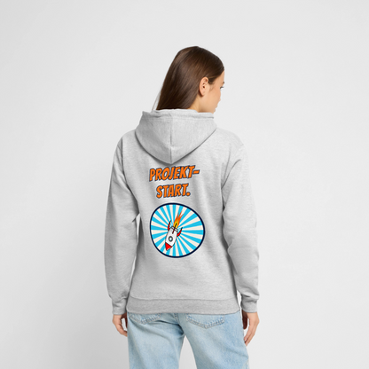 Projektstart. Motiv-Hoodie unisex, Farbe Hellgrau meliert, Model