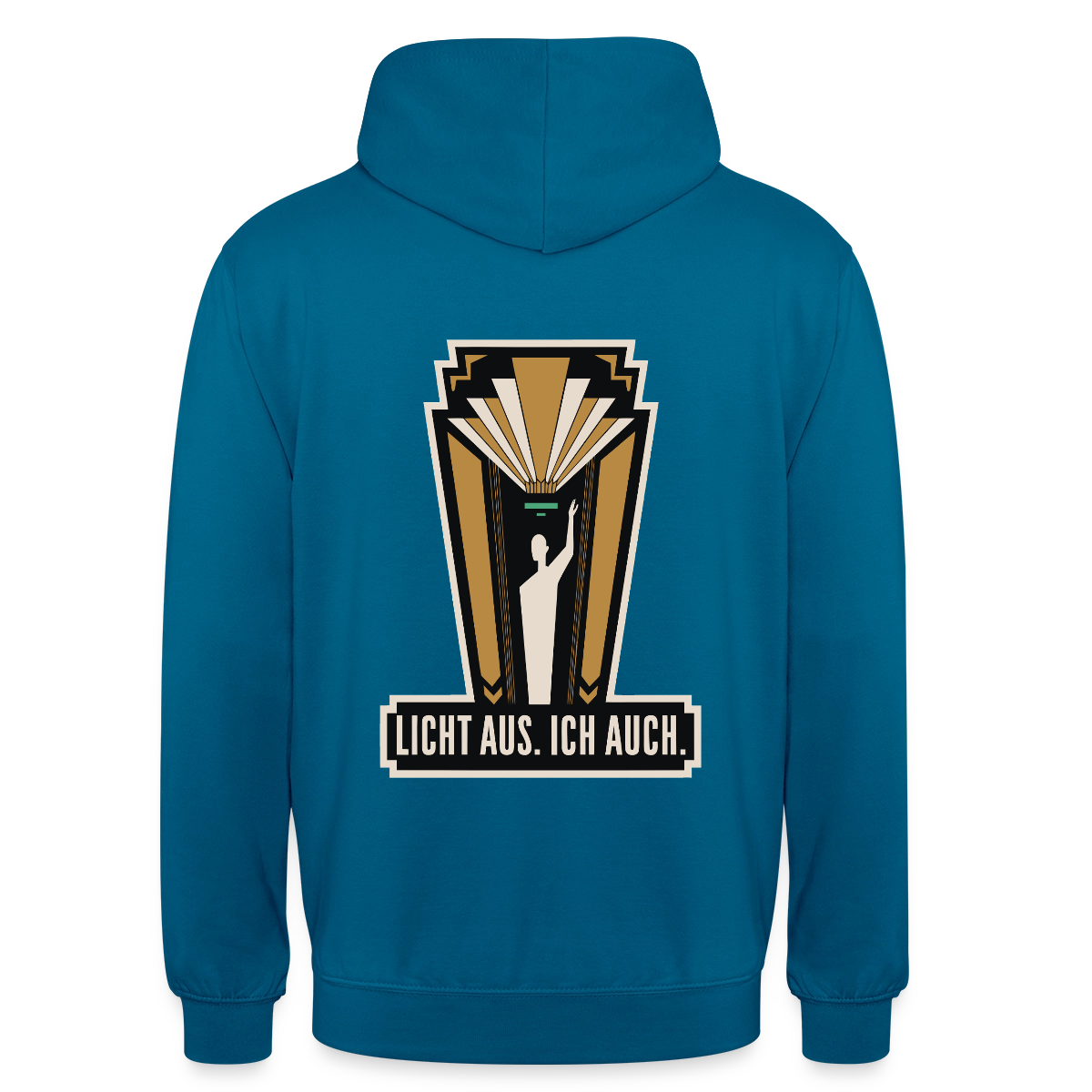 "Licht aus. Ich auch. Art-déco-Motiv" Motiv-Hoodie unisex, Farbe Tiefseeblau