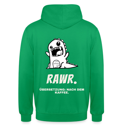 "Rawr. Übersetzung: nach dem Kaffee." Motiv-Hoodie unisex, Farbe Kelly Green