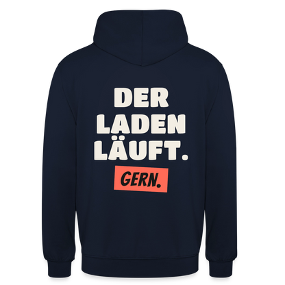 Der Laden läuft. Gern. Motiv-Hoodie unisex, Farbe Navy