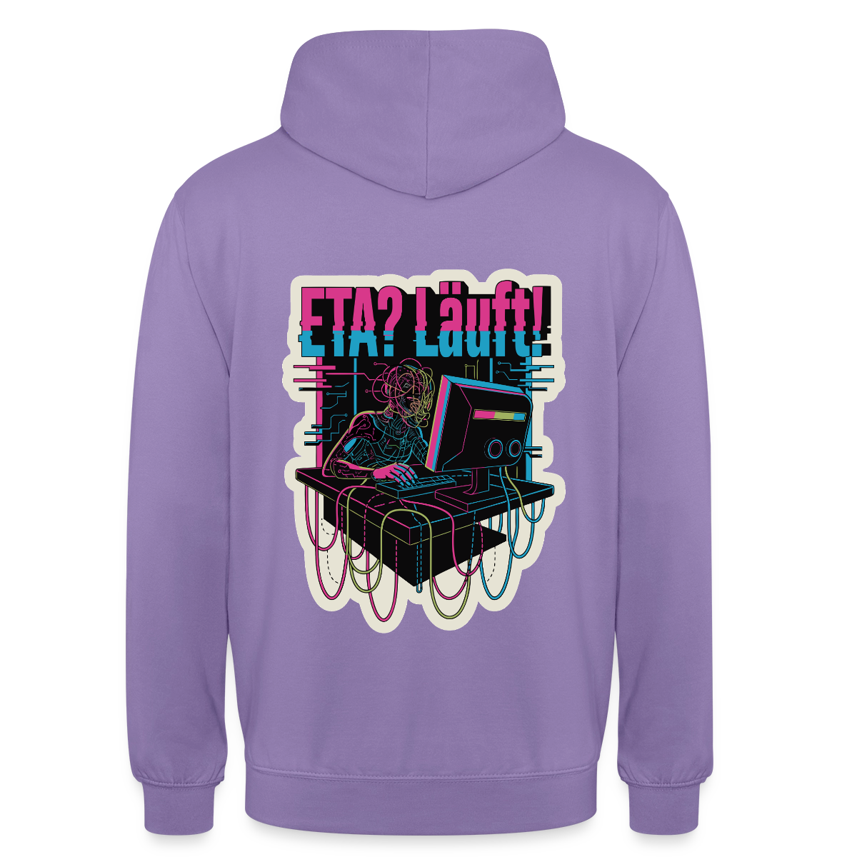 "ETA? Läuft! Cyberpunk-Motiv" Motiv-Hoodie unisex, Farbe Lavendel