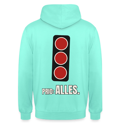 "Prio: alles." Motiv-Hoodie unisex, Farbe Mint