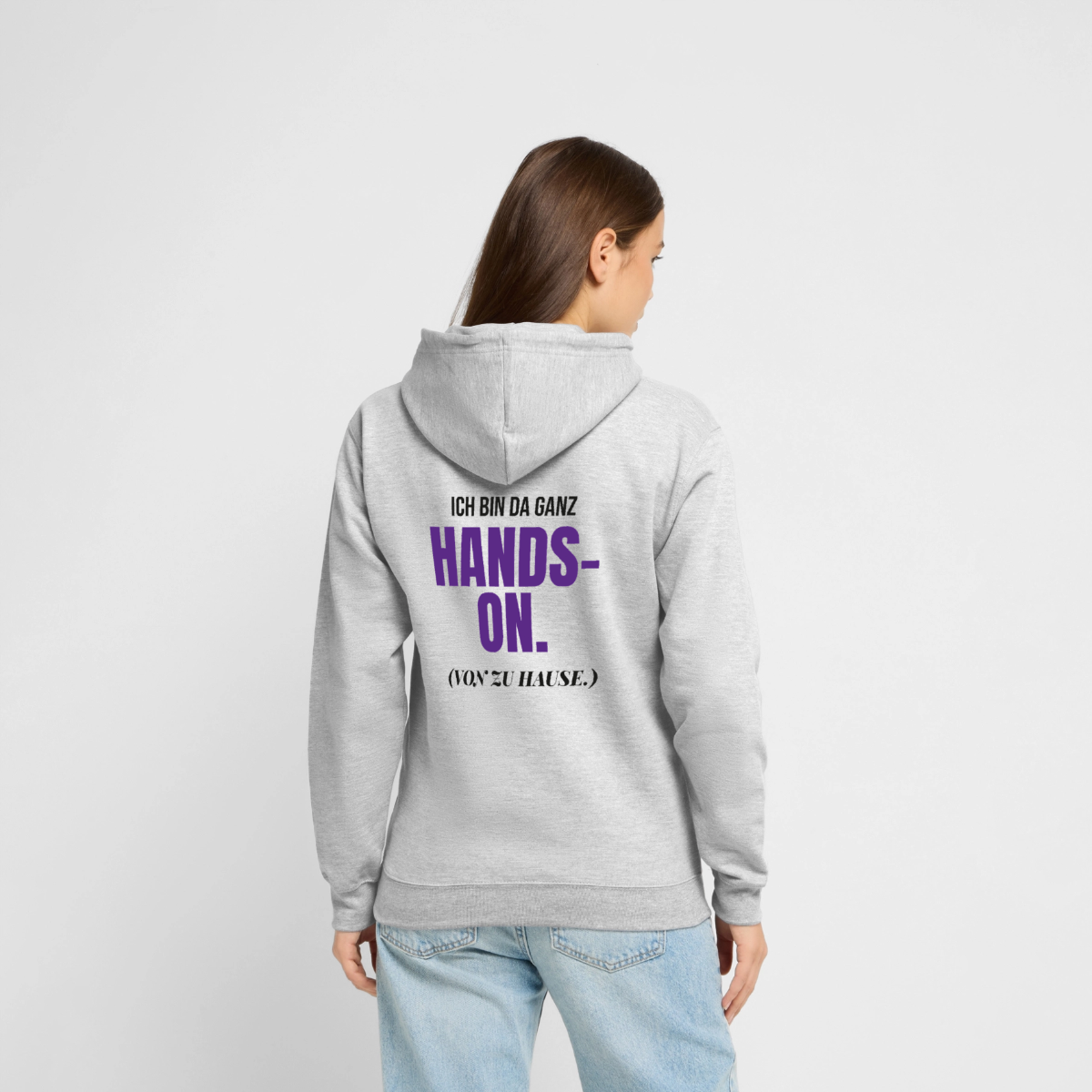 Hands-on von zu Hause Motiv-Hoodie unisex, Farbe Hellgrau meliert, Model