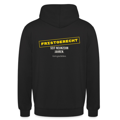 "Fristgerecht seit neunzehn Jahren. Gern geschehen." Motiv-Hoodie unisex, Farbe Schwarz