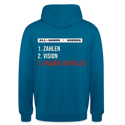 All-Hands-Agenda: 1 Zahlen, 2 Vision, 3 Fragen (entfällt) Motiv-Hoodie unisex, Farbe Tiefseeblau