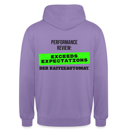 Performance Review: Exceeds Expectations. Der Kaffeeautomat. Motiv-Hoodie unisex, Farbe Lavendel