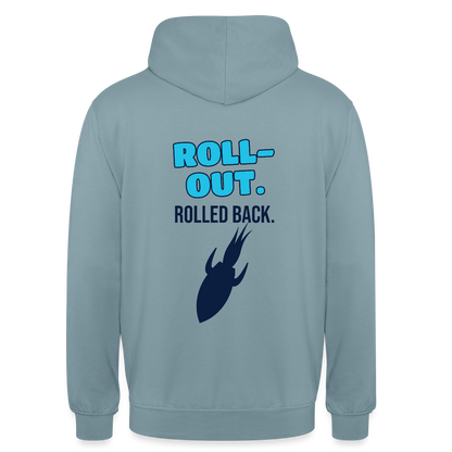 Roll-out. Rolled back. Motiv-Hoodie unisex, Farbe Nebelblau