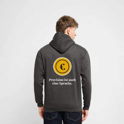 "Provision ist auch eine Sprache." Motiv-Hoodie unisex, Farbe Anthrazit, Model
