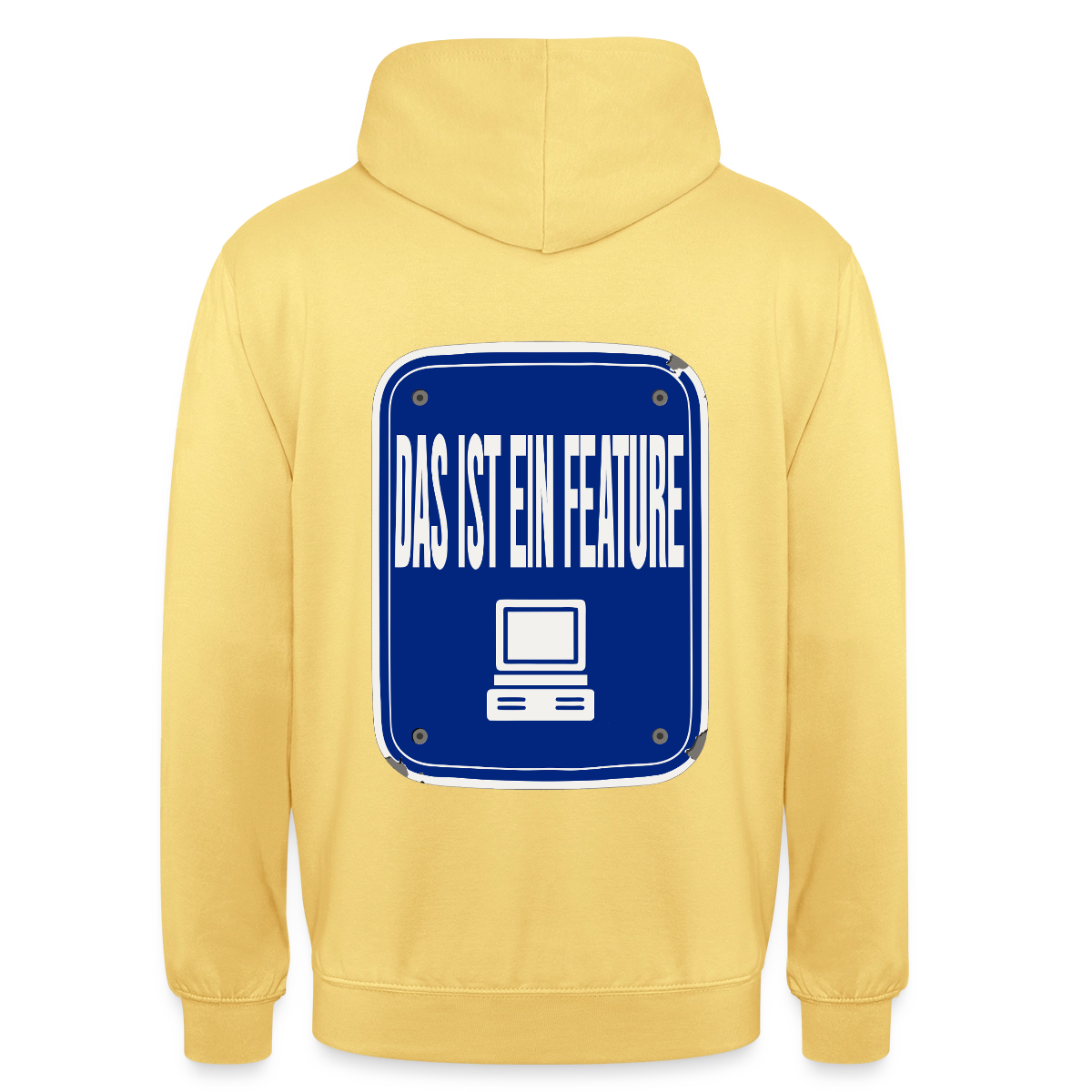 Das ist ein Feature. Emailschild-Motiv Motiv-Hoodie unisex, Farbe Zitronengelb