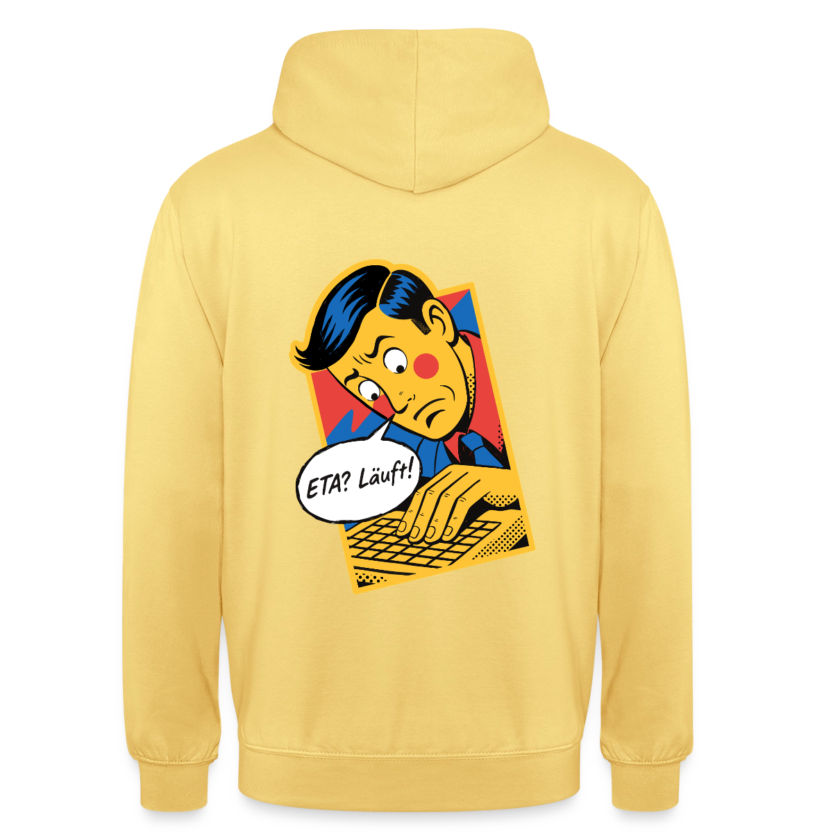 "ETA? Läuft! Popart-Motiv" Motiv-Hoodie unisex, Farbe Zitronengelb