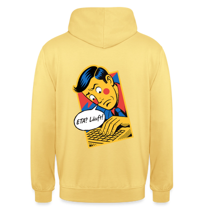 "ETA? Läuft! Popart-Motiv" Motiv-Hoodie unisex, Farbe Zitronengelb