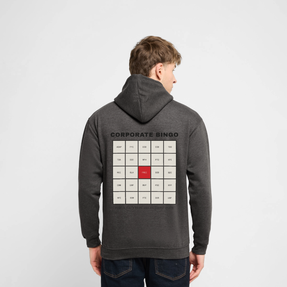 Corporate Bingo. Fünf in einer Reihe. Motiv-Hoodie unisex, Farbe Anthrazit, Model