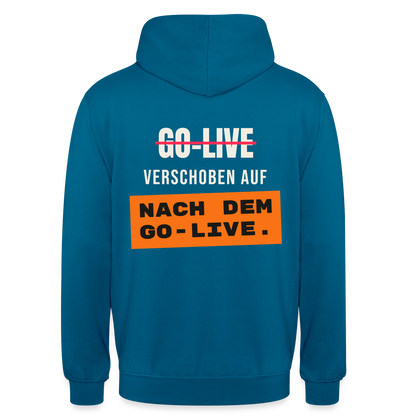 Go-Live verschoben auf nach dem Go-Live. Motiv-Hoodie unisex, Farbe Tiefseeblau