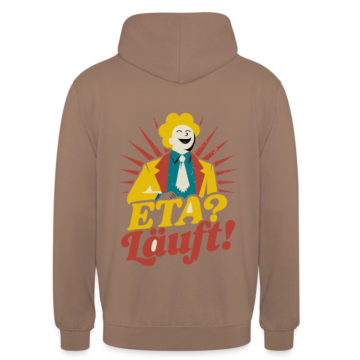 "ETA? Läuft! Midcentury-Motiv" Motiv-Hoodie unisex, Farbe Mokka