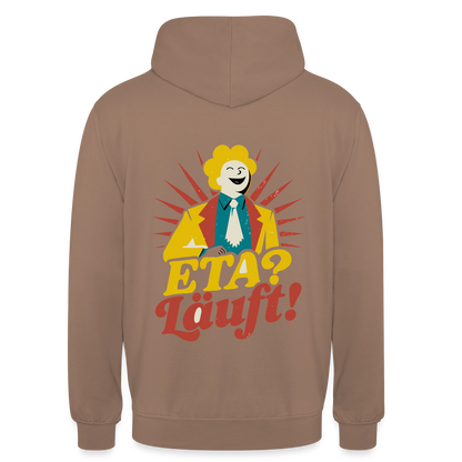 "ETA? Läuft! Midcentury-Motiv" Motiv-Hoodie unisex, Farbe Mokka