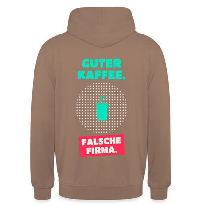"Guter Kaffee. Falsche Firma." Motiv-Hoodie unisex, Farbe Mokka