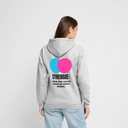 Synergie: Wenn zwei Leute dasselbe nicht wissen. Motiv-Hoodie unisex, Farbe Hellgrau meliert, Model