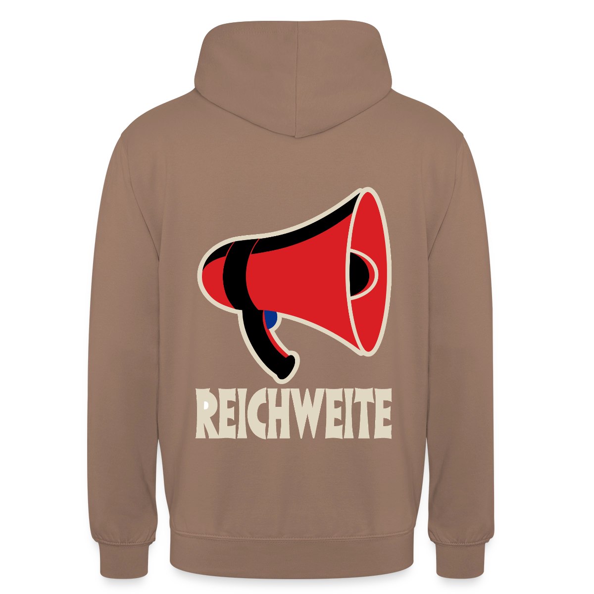 Reichweite. Sachplakat-Motiv Motiv-Hoodie unisex, Farbe Mokka