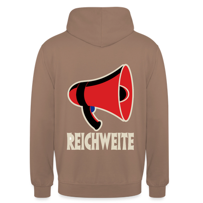 Reichweite. Sachplakat-Motiv Motiv-Hoodie unisex, Farbe Mokka