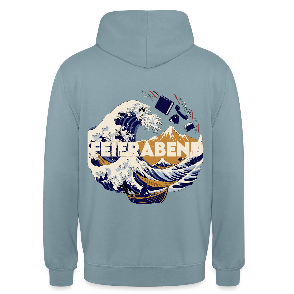 "Feierabend. Ukiyo-e-Motiv" Motiv-Hoodie unisex, Farbe Nebelblau